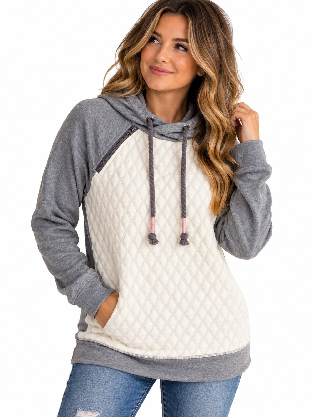 Maurices Women’s Large Gray Ivory Quilted Colorblock Pullover Hoodie Side Zip